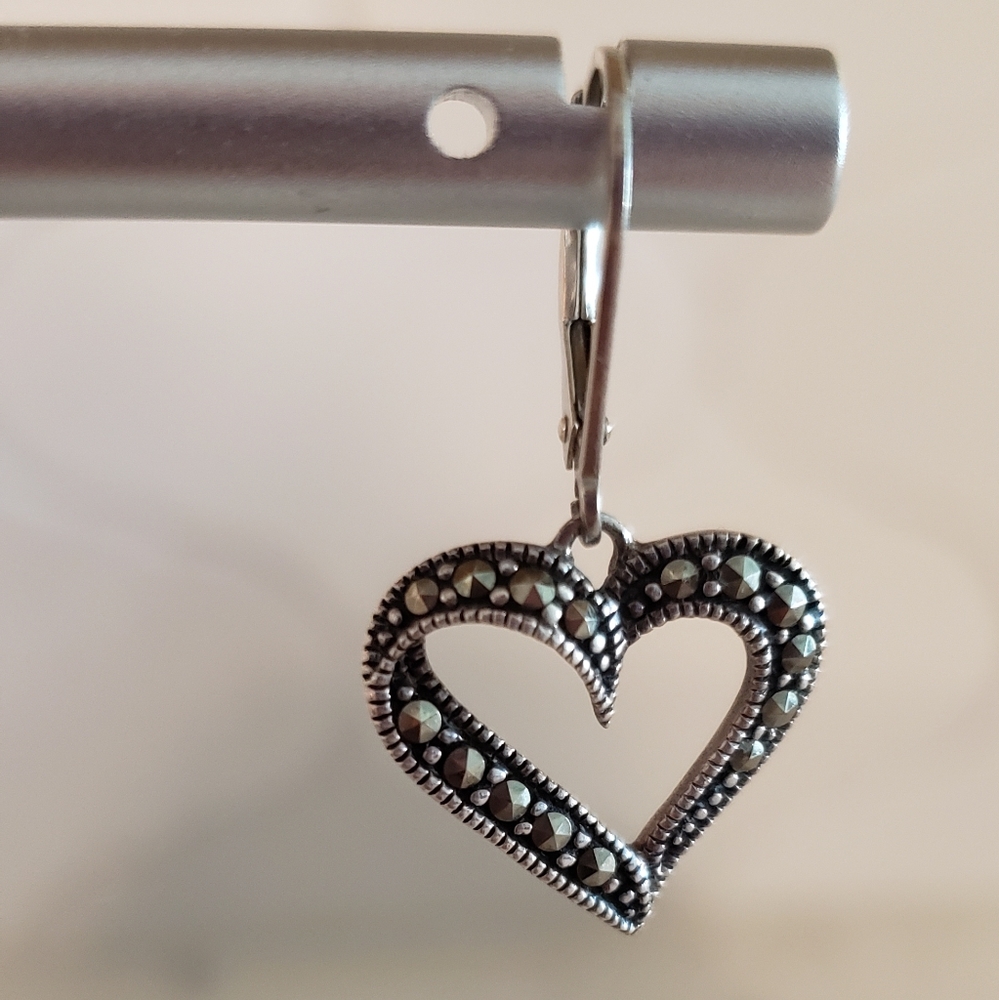 Heart dangle sterling/ marcasite earrings - Picture 2 of 4